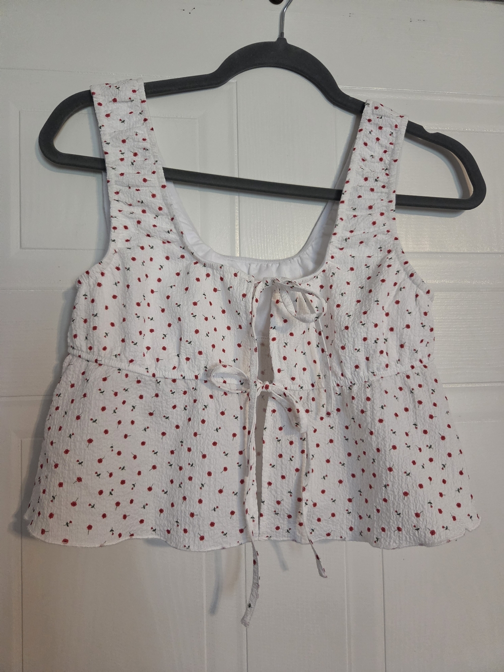 White Cropped Tie-Front Tank with Red Floral Print